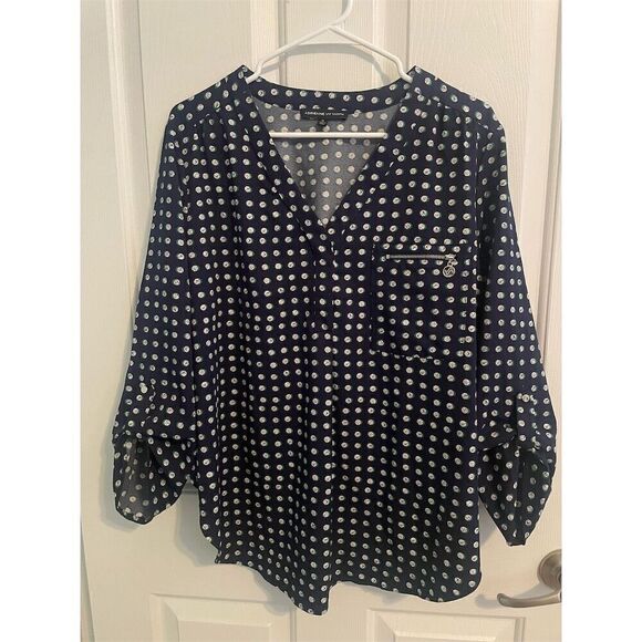 Adrienne Vittadini Tops - Adrienne Vittadini Women's XL Blue Polka Dot V-Neck Blouse Long Sleeve